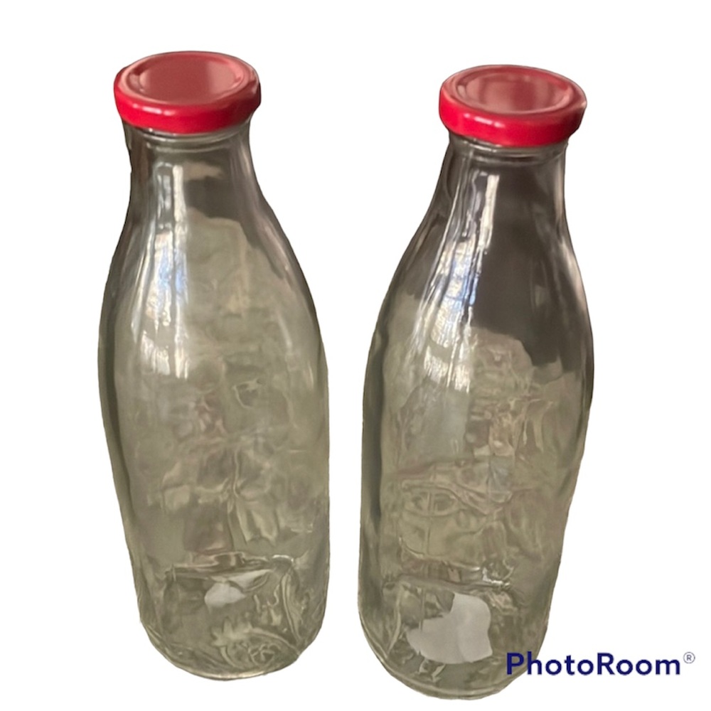 Milk Bottles 2 Red Cap Twist Off Glass 10 In Crafting Party Decor Holiday Candy